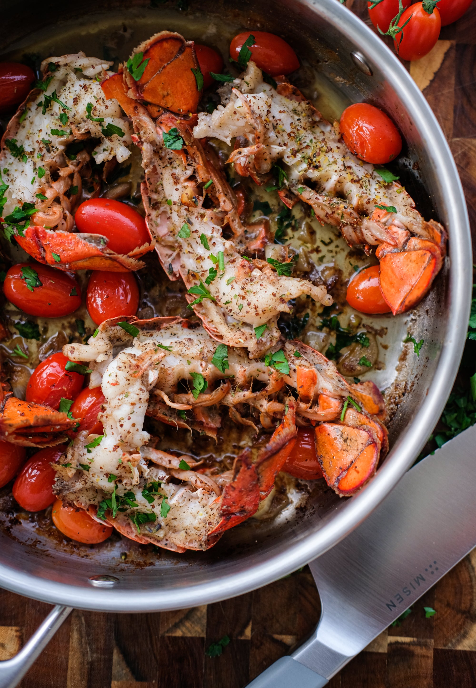 White Wine Lobster Tails with Blistered Cherry Tomatoes